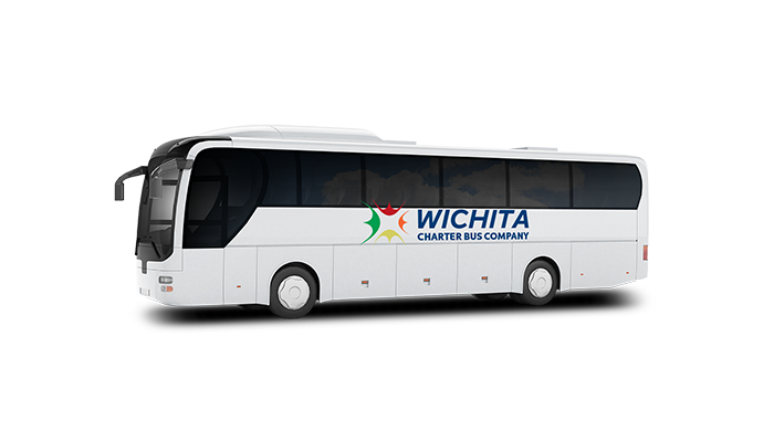 a plain white charter bus with a "Wichita Charter Bus Company" logo